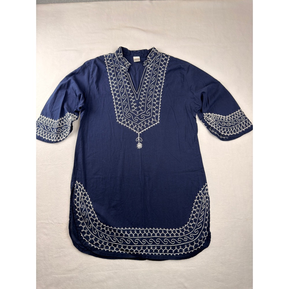 Highness Navy Blue Cotton Embroidered Tunic Top Boho Split Neck Large